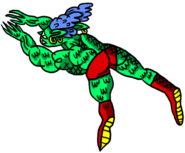 our furry friend and hero wildclaw green with blue hair and red shorts flying through the air